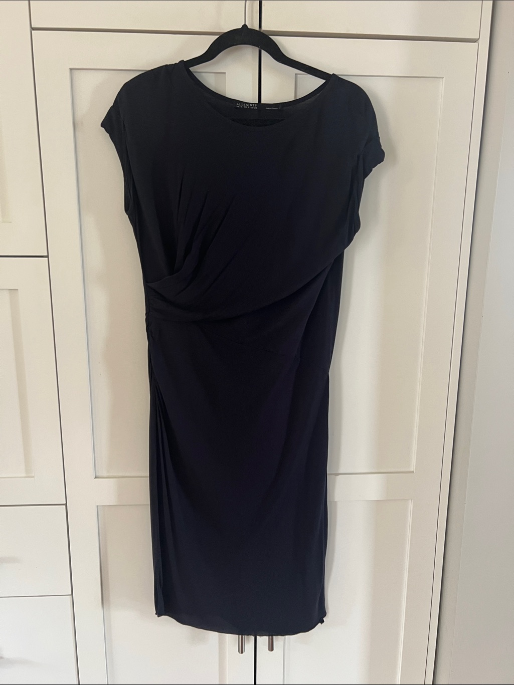 Allsaints Navy Blue Draped Cap-Sleeve Midi Dress
